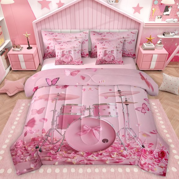 Homewish Bow Knot Drum Set 7-Piece Twin Bedding Sets For Teens Boys Girls,Musical Instrument Bedding Comforter Set,Flying Butterfly Breathable Sheet Sets,Super Cozy Room Decor,Reversible