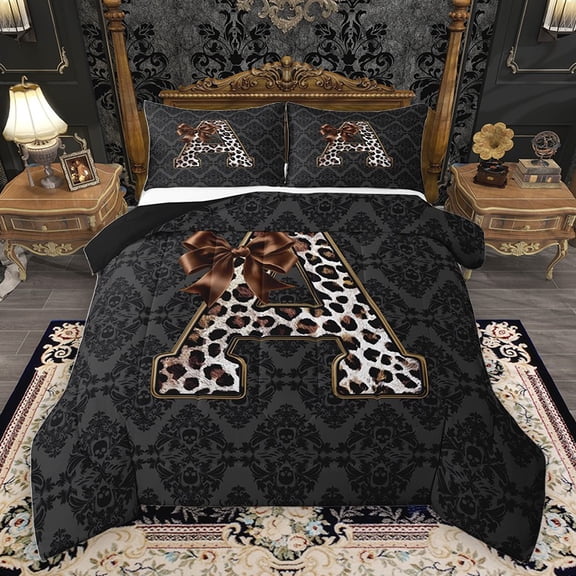 Homewish Bow Letter Monogrammed A 3 Pieces Queen Comforter Set for Teens,Leopard Print Ultra Soft Bedding Sets,Abstract Bohemian Damask Bedding Comforter Set,Breathable Home Decor,Reversible