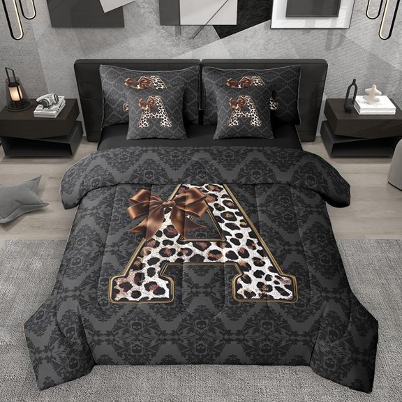 Homewish Bow Letter Monogrammed A 7-Piece Bedding Comforter Set for Teens,Leopard Print King Bedding Sets,Abstract Bohemian Damask Ultra Soft Bed Sheets,Breathable Home Decor,Reversible