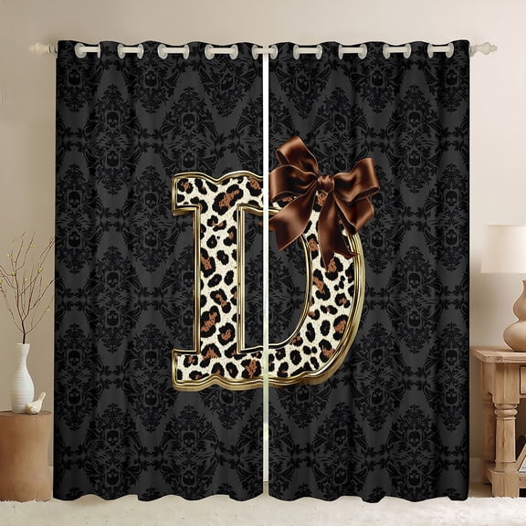 Homewish Bow Letter Monogrammed D Curtains Pack of 2 (42x84 Each) for Teens,Leopard Print Curtains Blackout,Abstract Bohemian Damask Bedroom Curtains,Breathable Home Decor