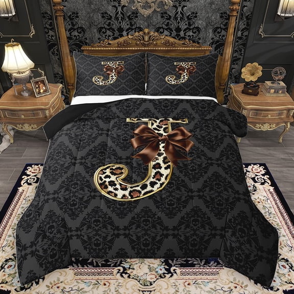 Homewish Bow Letter Monogrammed J 3 Pieces Queen Comforter Set for Teens,Leopard Print Ultra Soft Bedding Sets,Abstract Bohemian Damask Bedding Comforter Set,Breathable Home Decor,Reversible
