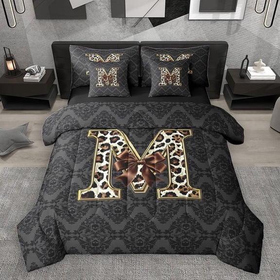 Homewish Bow Letter Monogrammed M 7pcs Bedding Comforter Set for Teens,Leopard Print Queen Bedding Sets Super Cozy,Abstract Bohemian Damask Queen Sheet Sets,Breathable Home Decor,Reversible