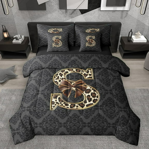Homewish Bow Letter Monogrammed S 7-Piece Twin Bedding Sets for Teens,Leopard Print Bedding Comforter Set,Abstract Bohemian Damask Breathable Sheet Sets,Breathable Home Decor,Reversible