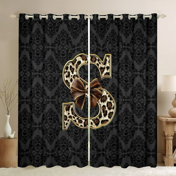 Homewish Bow Letter Monogrammed S Black Out Curtains for Teens,Leopard Print Curtains Pack of 2 (42x63 Each),Abstract Bohemian Damask Bedroom Curtains,Breathable Home Decor