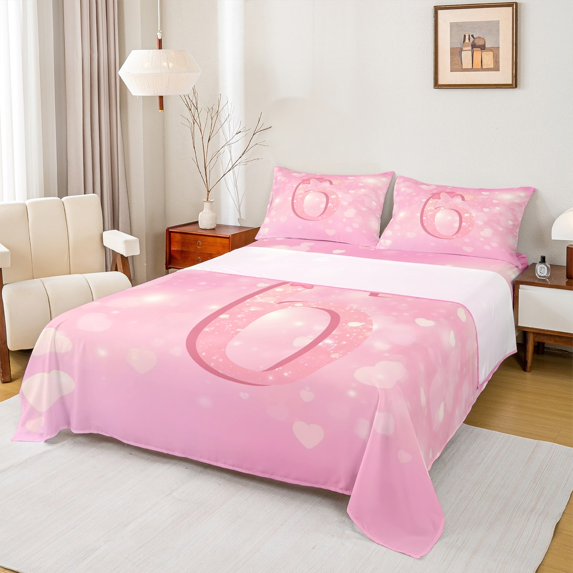 Homewish Bow Pink 6 Queen 4-Piece Reversible Girls Kids Cartoon Ribbon Monogram Sheet Set
