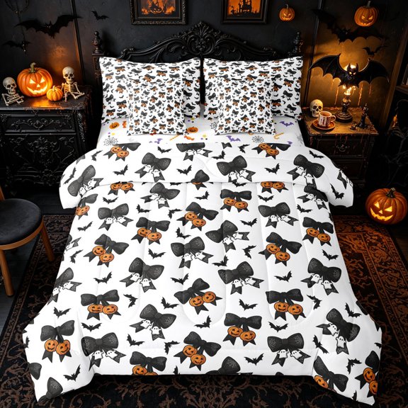 Homewish Bow Pumpkin Ghost Queen Bedding for Girls, White Black Spider Web Ribbon Bat Bedding Comforter Set Queen, Halloween Reversible, 7pcs