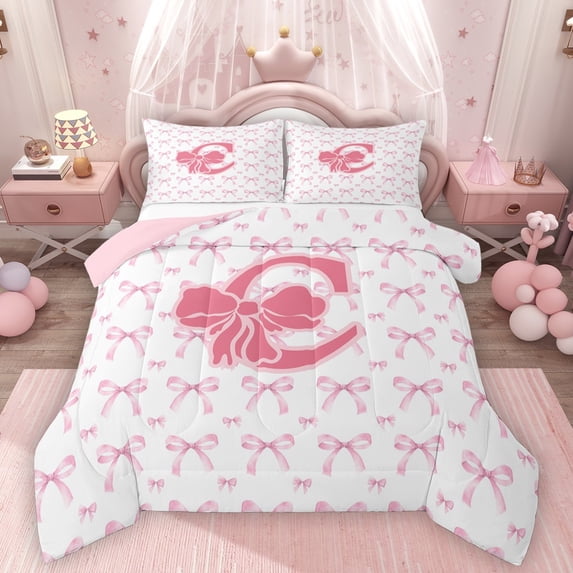 Homewish Bow-Tie Initial Alphabet C 3 Pieces Queen Comforter Set for Adults Female Girls,Letter Monogrammed C Ultra Soft Bedding Sets,Cartoon Bow Bedding Comforter Set Breathable