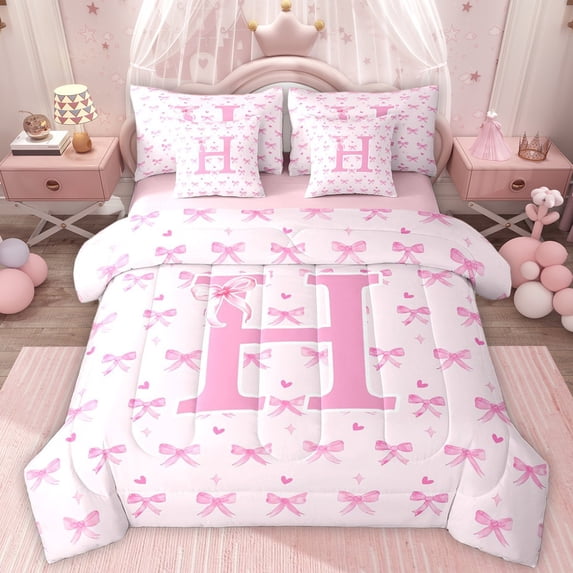 Homewish Bow-Tie Initial Alphabet H Twin Bedding Sets 7-Piece for Adults Female Girls,Letter Monogrammed H Bedding Comforter Set Microfiber,Cartoon Bow Love Heart Breathable Sheet Sets