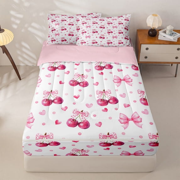 Homewish Bowknot Cherry Kids Zipper Full Size Comforter Sets with Fitted Sheet and 2 Pillowcases, Love Heart Zipper Bedding Set, Pink Reversible, Pink Reversible, 4pcs