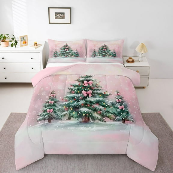 Homewish Bowknot Christmas Tree Bedding Comforter Set for Teens, Winter Snowflake Twin Comforter Sets, Pink Oil Printing Reversible Bedding Set, Breathable Home Decor, 2-Piece