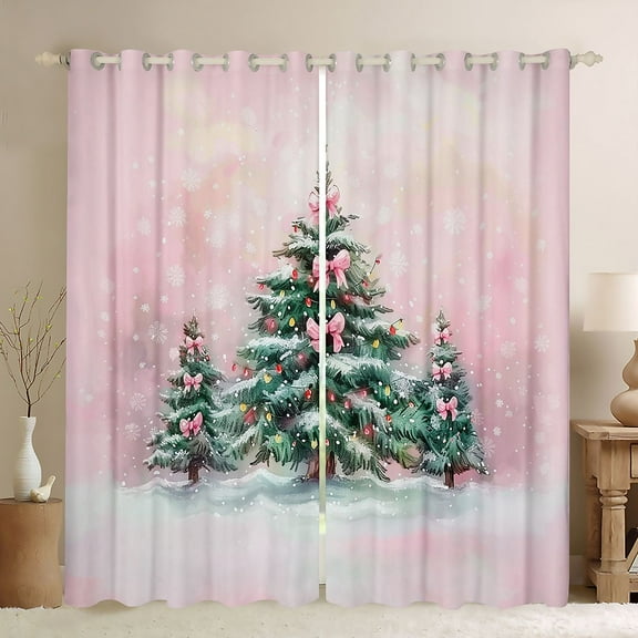 Homewish Bowknot Christmas Tree Black Out Curtains for Teens, Winter Snowflake Curtains Pack of 2 (42x63 Each), Pink Oil Printing Bedroom Curtains, Curtains Blackout Home Decor