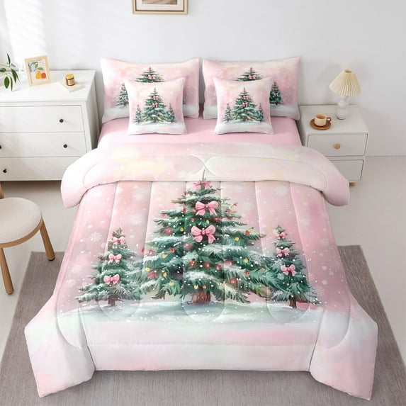 Homewish Bowknot Christmas Tree Twin Bedding Sets 7-Piece for Teens, Winter Snowflake Bedding Comforter Set, Pink Oil Printing Reversible Sheet Sets, Breathable Home Decor