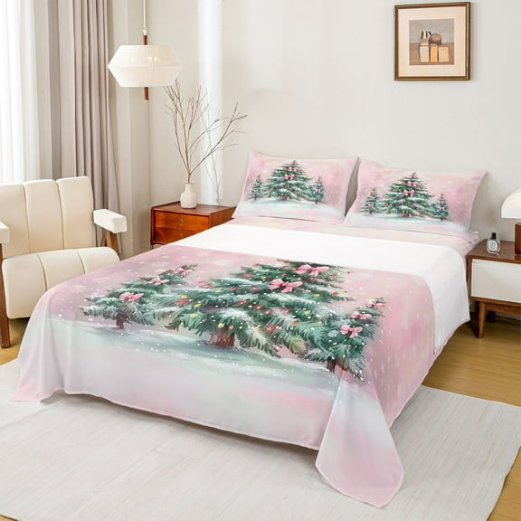 Homewish Bowknot Christmas Tree Twin Sheet Sets for Teens, Winter Snowflake Twin Fitted Sheet, Pink Oil Printing Flat Sheet, Breathable Home Decor, 3-Piece