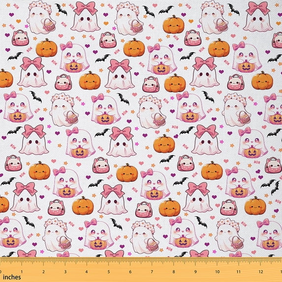 Homewish Bowknot Ghost Child Fabric by the Yard 1 Yard, Kawaii Halloween Bat Pumpkin Room Decor Fabric by the Yard, Cartoon Stars Sewing Fabric, Luxury Bedroom Decor