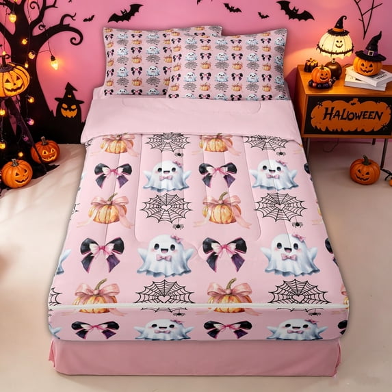 Homewish Bowknot Ghost Pumpkin Zipper Full Size Comforter Sets with Fitted Sheet and 2 Pillowcases for Girls, Spider Web Cute Halloween Zipper Bedding Set, Pink Reversible, 4pcs