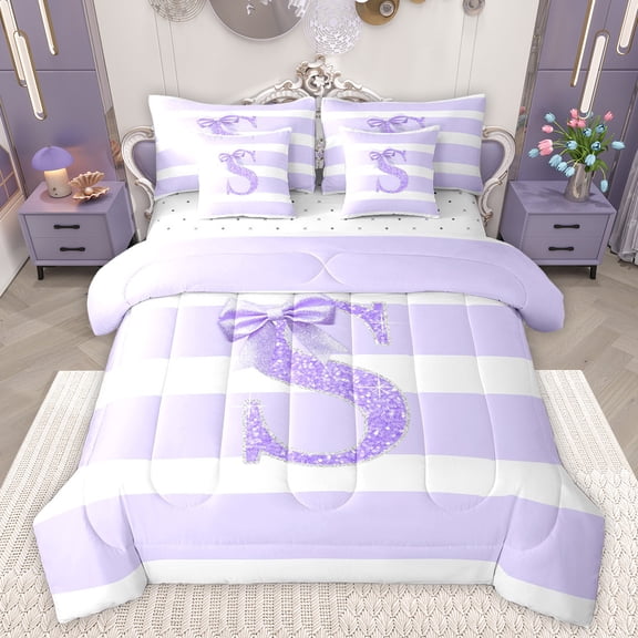 Homewish Bowknot Glitter S Bedding Comforter Set 7 Pieces, Chic Initial Letter Full Bedding Set, Modern Fashion Fitted Sheet Flat Sheet, Super Cozy Room Decor