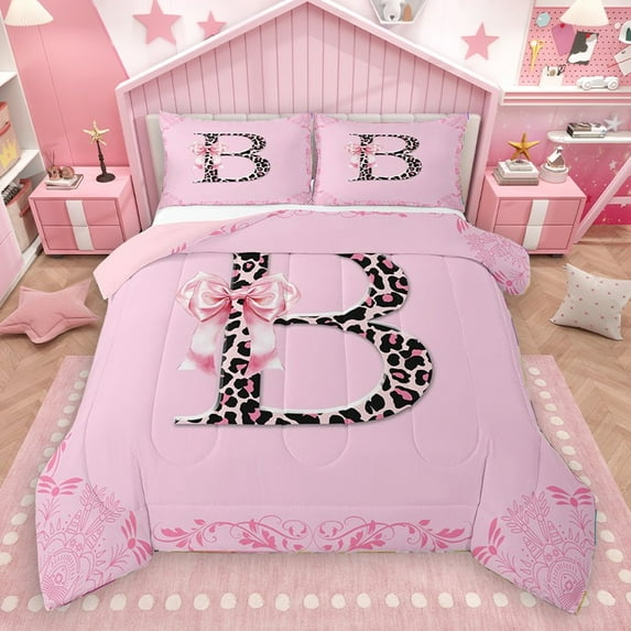 Homewish Bowknot Letter Monogrammed B 3-Piece Full Size Comforter Sets for Teens Female Girls,Dreamy Princess Bedding Comforter Set,Cheetah Print Lightweight Bedding Sets
