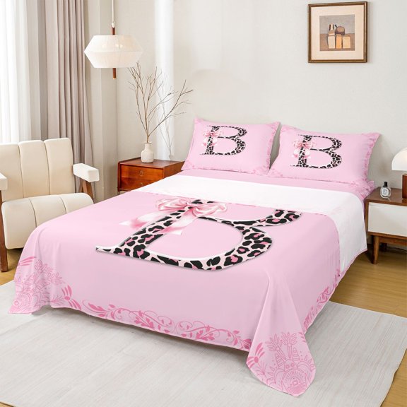 Homewish Bowknot Letter Monogrammed B 3pcs Twin Sheet Sets for Teens Female Girls,Dreamy Princess Twin Fitted Sheet,Cheetah Print Breathable Flat Sheet,Ultra Soft Home Decor