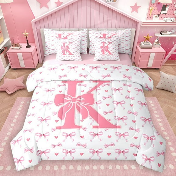 Homewish Bowknot Letter Monogrammed K 7-Piece Twin Bedding Sets for Teens Female Girls,Dreamy Princess Bedding Comforter Set,Love Heart Print Breathable Sheet Sets,Ultra Soft Home Decor,Reversible