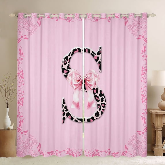 Homewish Bowknot Letter Monogrammed S Blackout Curtains Set of 2 (52x84 Each) for Teens Female Girls,Dreamy Princess Window Curtains,Cheetah Print Curtains and Drapes,Ultra Soft Home Decor