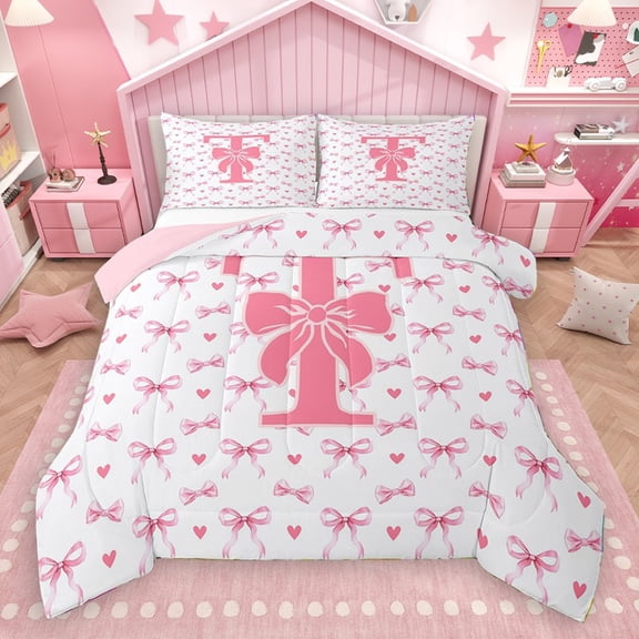 Homewish Bowknot Letter Monogrammed T 3-Piece Full Size Comforter Sets for Teens Female Girls,Dreamy Princess Bedding Comforter Set,Love Heart Print Lightweight Bedding Sets