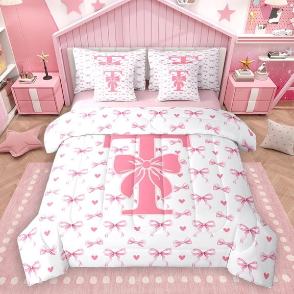 Homewish Bowknot Letter Monogrammed T 7 Pieces Bedding Comforter Set for Teens Female Girls,Dreamy Princess Full Bedding Set Lightweight,Love Heart Print Fitted Sheet Flat Sheet