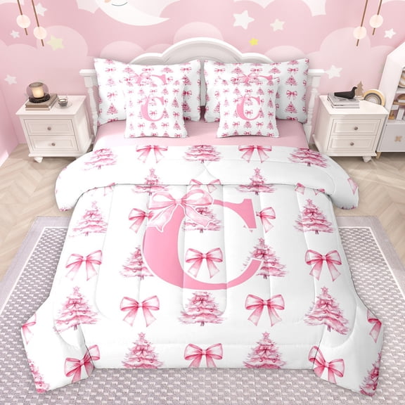 Homewish Bowknot Monogrammed C Twin Bedding Sets 7-Piece for Girl, Dreamy Pink Xmas Tree Bedding Comforter Set, Merry Christmas Reversible Sheet Sets, Breathable Home Decor