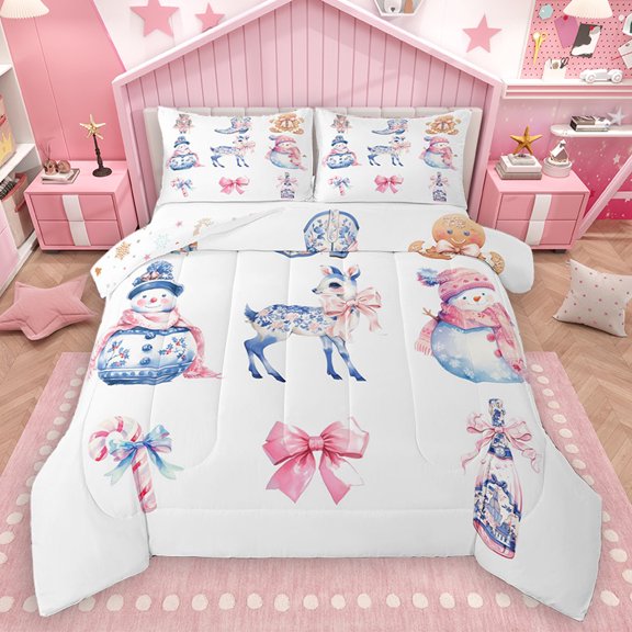 Homewish Bowknot Reindeer Animal Queen Comforter Set, Kawaii Hippie Snowman Bedding Sets, Merry Christmas Reversible Bedding Comforter Set, Luxury Bedroom Decor, 3-Piece