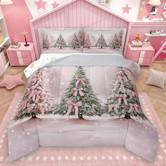Homewish Bowknot Xmas Tree Queen Comforter Set, Fairy Tale Christmas Bedding Sets, Kawaii Princess Style Reversible Bedding Comforter Set, Lightweight Room Decor, 3 Pieces
