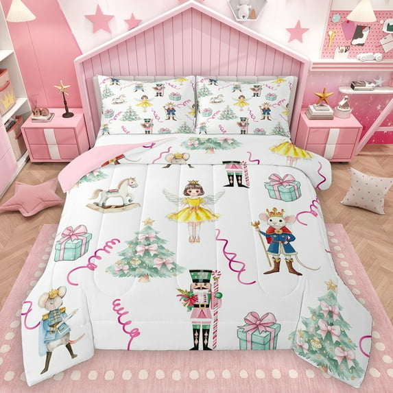 Homewish Bowtie Christmas Tree Full Size Comforter Sets,Xmas Nutcracker Soldier Bedding Comforter Set,Kawaii Elf Unicorn Bedding Sets For Girls Teens,Ultra Soft Home Decor Reversible,3pcs