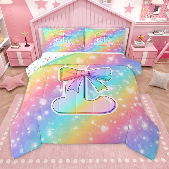 Homewish Bowtie Letter L Full Size Comforter Sets,Bowknot Monogrammed Theme Bedding Comforter Set,Multicolor Lines Bedding Sets For Girl Teens,Ultra Soft Bedroom Decor Reversible,3-Piece