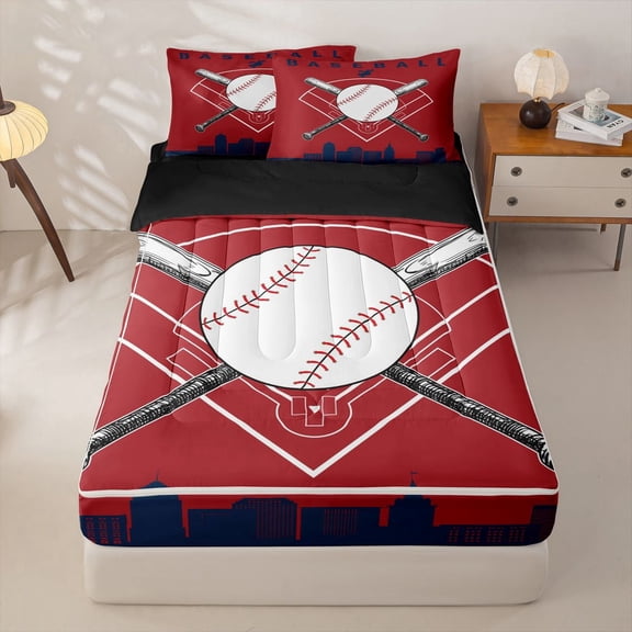 Homewish Boy Baseball Sport Zipper Full Size Comforter Sets with Fitted Sheet and 2 Pillowcases, Crimson Navy Cartoon Zipper Bedding Set, Black Reversible, 4 Pieces
