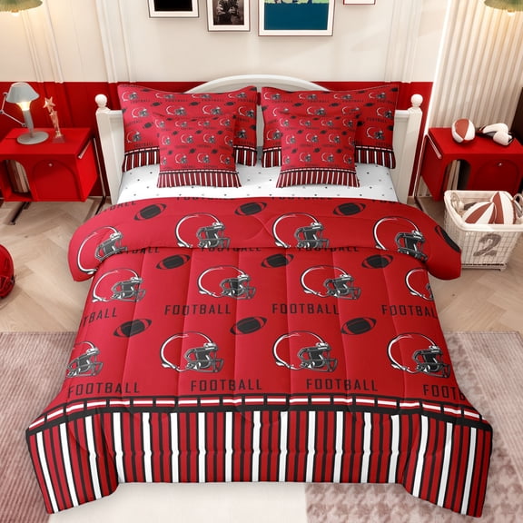 Homewish Boys Ball Game 7-Piece Twin Bedding Sets,Football Sport Game Bedding Comforter Set,Red Rugby Helmet Sheet Sets For Kids,Ultra Soft Home Decor Reversible