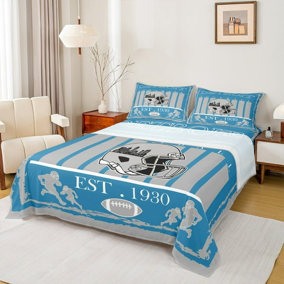 Homewish Boys Ball Game Bed Sheets,Detroit American Football King Sheets,Gray Blue Sheet Set For Kids,Luxury Bedroom Decor,4 Pieces
