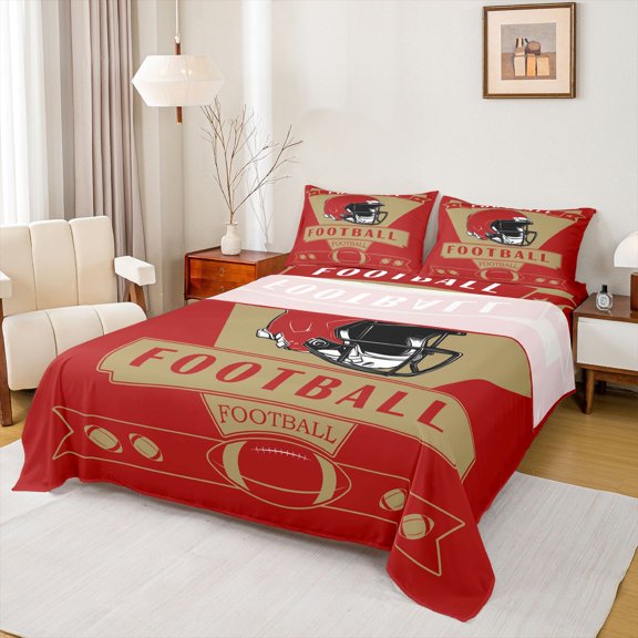 Homewish Boys Ball Game Bed Sheets,Rugby Sport King Sheets,Red Gold Sheet Set For Boys Kids,Super Cozy Room Decor,4 Pieces