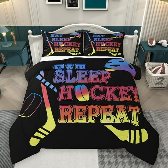 Homewish Boys Ball Game Bedding Comforter Set,Hockey Sport Twin Comforter Sets,Yellow Blue Black Bedding Set For Boys Kids,Breathable Home Decor Reversible,2pcs