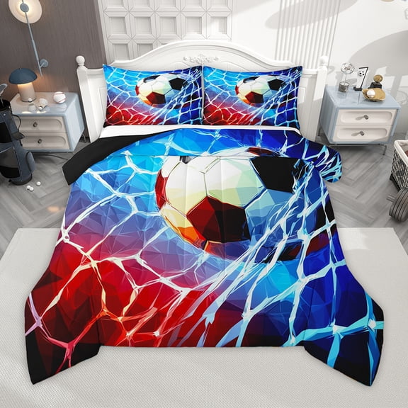 Homewish Boys Ball Game Full Size Comforter Sets,Football Sport Theme Bedding Comforter Set,Red Blue White Bedding Sets For Boys Kids,Luxury Bedroom Decor Reversible,3-Piece