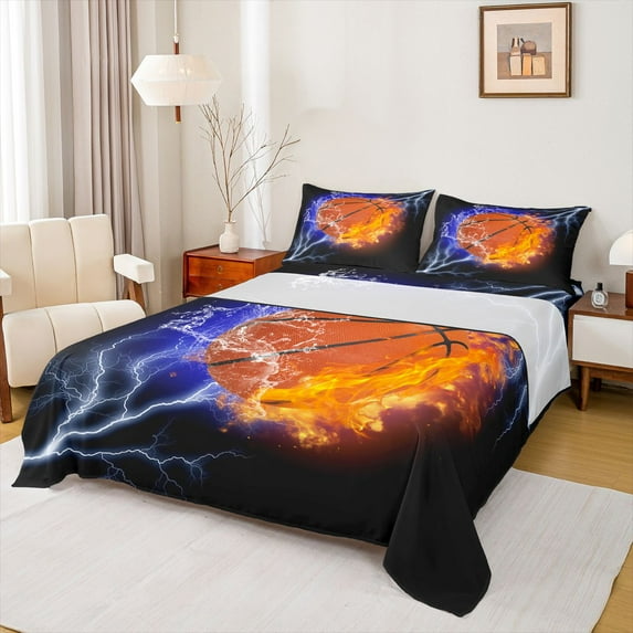 Homewish Boys Ball Game Queen Sheet Sets,Basketball Sport Theme Flat Sheet,Orange Black Blue Queen Fitted Sheet For Boys Kids,Breathable Home Decor,4 Pieces