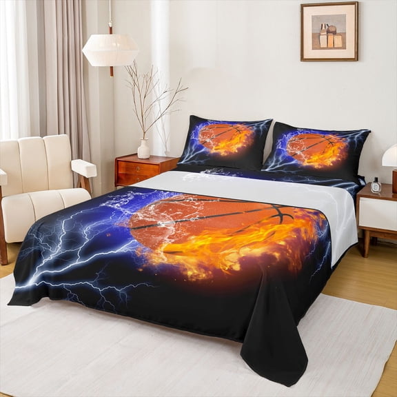 Homewish Boys Ball Game Twin Sheet Sets,Basketball Sport Theme Twin Fitted Sheet,Orange Black Blue Flat Sheet For Boys Kids,Breathable Home Decor,3pcs