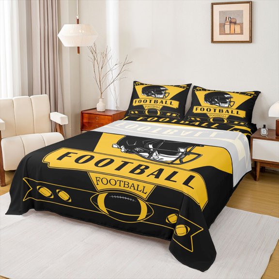 Homewish Boys Ball Game Twin Sheet Sets,Rugby Sport Twin Fitted Sheet,Yellow Black Flat Sheet For Boys Kids,Super Cozy Room Decor,3-Piece