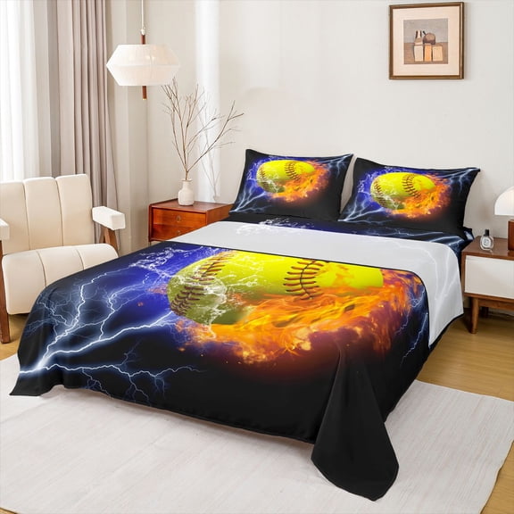 Homewish Boys Ball Game Twin Sheet Sets,Tennis Sport Theme Twin Fitted Sheet,Yellow Orange Black Flat Sheet For Boys Kids,Breathable Home Decor,3 Pieces