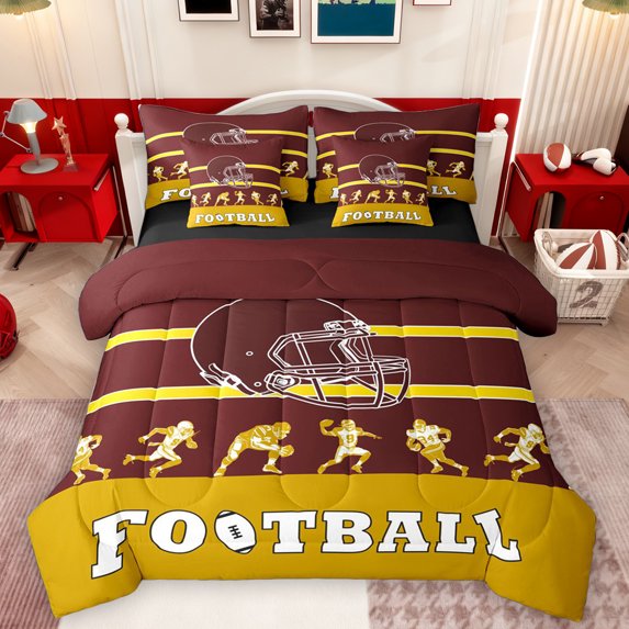 Homewish Boys Ball Lovers 7pcs Bedding Comforter Set,Rugby Football Sport Queen Bedding Sets,Red Orange Queen Sheet Sets For Teens,Ultra Soft Home Decor Reversible