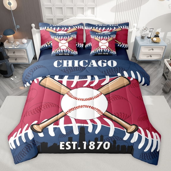 Homewish Boys Baseball Game 7-Piece Bedding Comforter Set,Chicago Silhouette King Bedding Sets,Sport Theme Bed Sheets For Boys Kids,Ultra Soft Home Decor Reversible