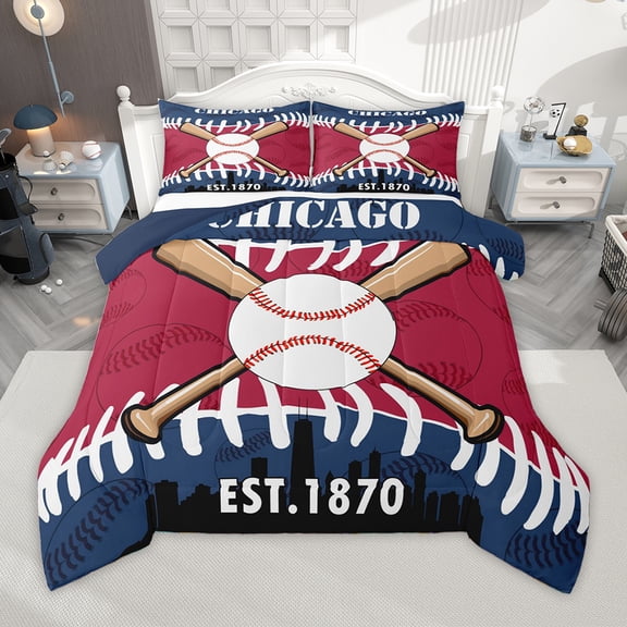 Homewish Boys Baseball Game Bedding Comforter Set,Chicago Silhouette Twin Comforter Sets,Sport Theme Bedding Set For Boys Kids,Ultra Soft Home Decor Reversible,2-Piece