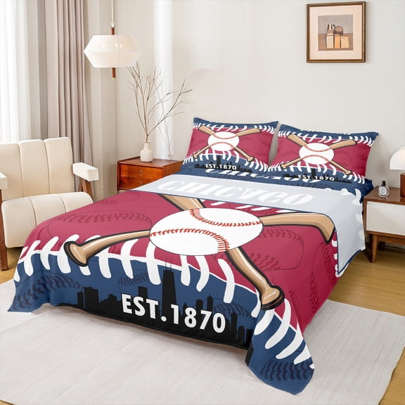 Homewish Boys Baseball Game Twin Sheet Sets,Chicago Silhouette Twin Fitted Sheet,Sport Theme 03 For Boys Kids,Ultra Soft Home Decor,3-Piece