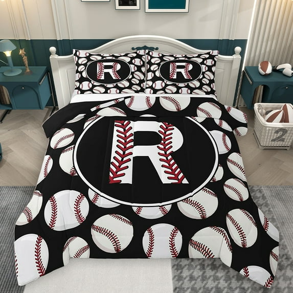 Homewish Boys Baseball Sports Queen Comforter Set, Cute Initial R Letter Bedding Sets, Black White Cartoon Reversible Bedding Comforter Set, Luxury Bedroom Decor, 3pcs