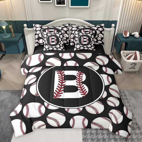 Homewish Boys Baseball Sports Twin Bedding Sets 7-Piece, Cute Initial B Letter Bedding Comforter Set, Black White Cartoon Reversible Sheet Sets, Ultra Soft Bedroom Decor