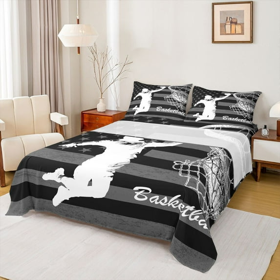 Homewish Boys Basketball Athlete Queen Sheet Sets, Cartoon American Flag Flat Sheet, Modern Sports Theme Queen Fitted Sheet, Microfiber Bedroom Decor, 4-Piece