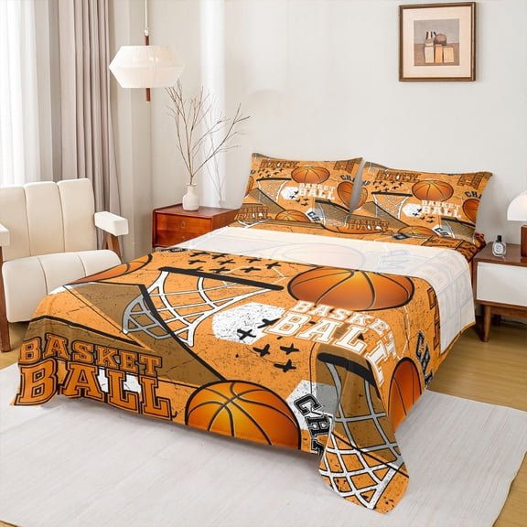 Homewish Boys Basketball Print Twin Sheet Sets, Modern Sports Player Twin Fitted Sheet, Cartoon Ball Game Flat Sheet, Luxury Bedroom Decor, 3pcs