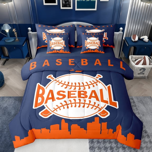 Homewish Boys Cartoon Baseball Bedding Comforter Set 7pcs, Modern City Print King Bedding Sets, Navy Orange Stripes Lines Reversible Bed Sheets, Breathable Home Decor